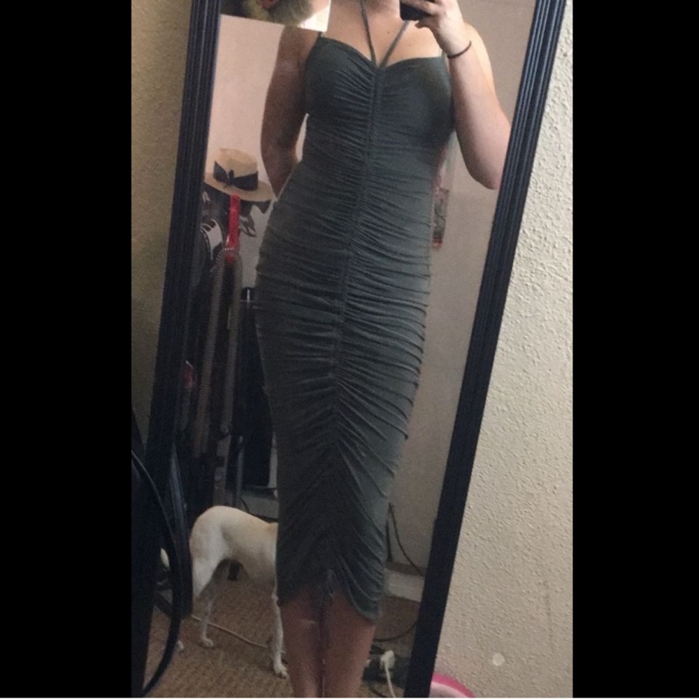 Elegant Olive Green Ruched Midi Dress